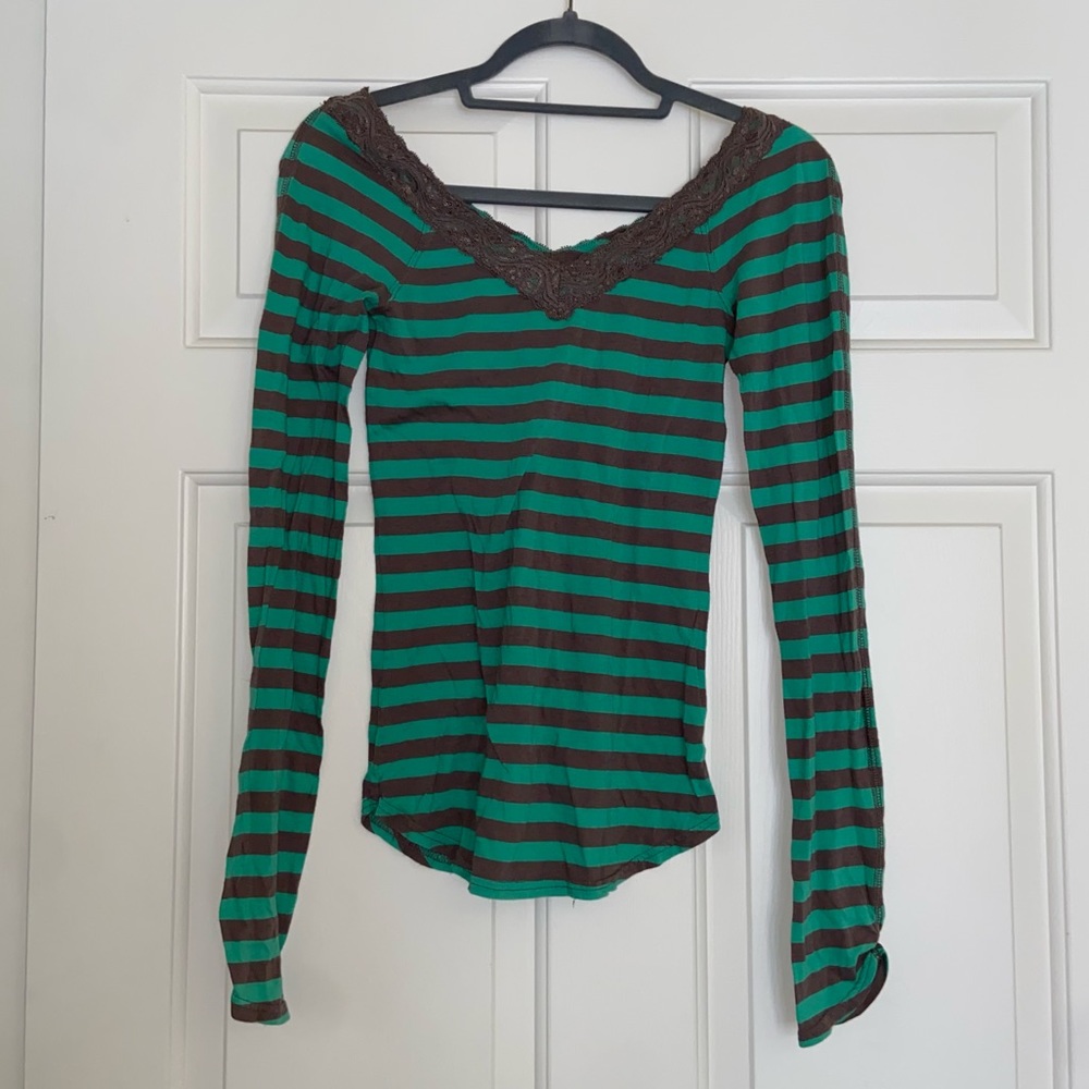Free People Striped Lace V-Neck Long Sleeve Top